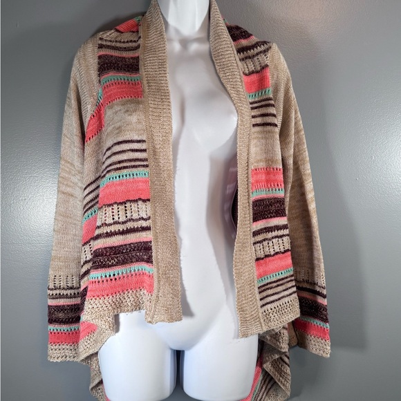 Boho Striped Open Front Draped Cardigan Sweater | Size M | Neutral Pink Teal - Picture 3 of 8